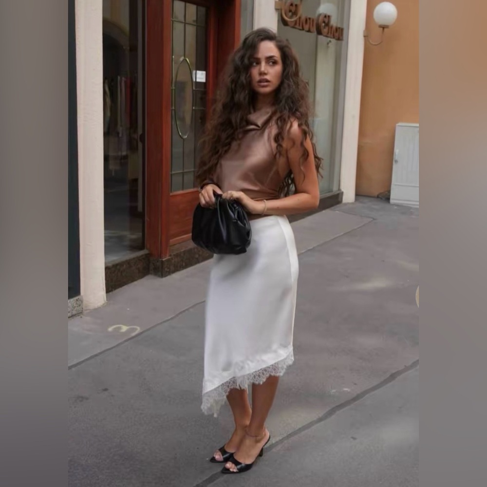 ZARA Satin Lace-trimmed Asymmetric Slip Skirt. New, XS